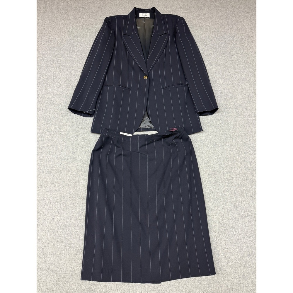 Fouks Paris Skirt Suit Set Size 46 Navy Blue Pinstripe Wool Blend Made in France